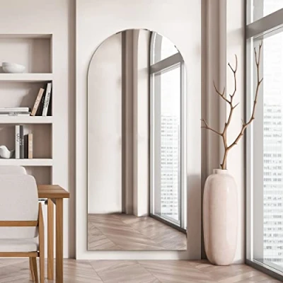 Image of MirrorOutlet The Arcus Frameless Modern Full Length Arched Leaner/Wall Mirror 74&quot; X 33&quot; (190CM 85CM) Silver Glass with Black wooden Backing Polished Edgin