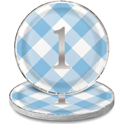 Image of Blue Gingham 1st Birthday Round Dinner Plates (22cm) Foil Boardorable Design for Baby&#039;s First Celebration 8ct