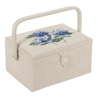 Image of Hobby Gift Exclusive Medium Sewing Craft Storage Box, Accessories Tray Pin Cushion Pocket PVC Handle Embroidered Lid 18.5 x 25.5 14.5cm, Hydrangea