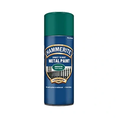 Image of Hammerite Spray Paint for Metal. Direct to Rust Exterior Dark Green Metal Paint, Smooth Finish. Corrosion Resistant Gloss and Remover, 8 Year Protection 400ml Aerosol 0.5 SqM Coverage​