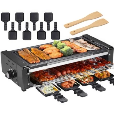 Image of Raclette Grill Electric, Nonstick Electric Griddle Indoor Machine with 8 Cheese Pans and 2 Wooden Spatulas, Smokeless BBQ for Dishes Cooking Party black