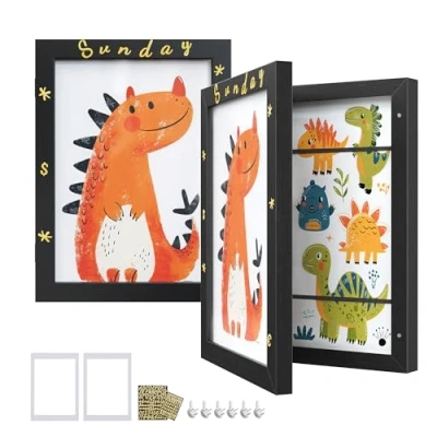 Image of SONGMICS Kids Art Frames, Set of 2, Artwork Frame, A4, 8.5x11 Picture Each Holds up to 150 Drawings, MDF, Glass, Includes Mats, Stickers, Non Trace Nails, 34.5 x 25.5 cm, Ash Black RPF052B02