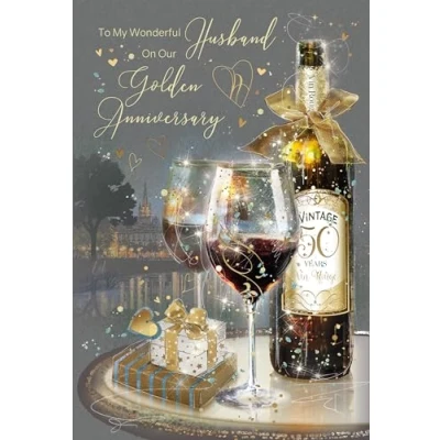 Image of Cherry Orchard Husband Golden Anniversary Card from the Grayson Range complete with Gold Envelope and Foil Detailing