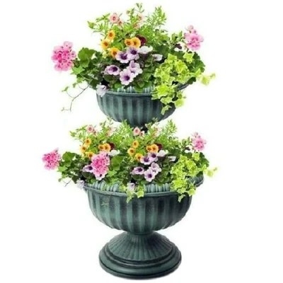 Image of Faboer 2 Tier Planter Display Flowers/Plants Antique Effect Stable Base Outdoor Garden Patio Decking Balcony Indoor Decor Pots (Green)