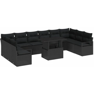 Image of vidaXL 11 Piece Garden Sofa Set with Cushions Black Poly Rattan
