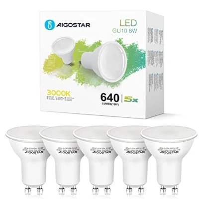 Image of GU10 LED Bulbs Warm White, Aigostar 8W 100 Wide Angle, Spotlight 640lm, Energy Saving Light Bulb 3000K, 5 Pack