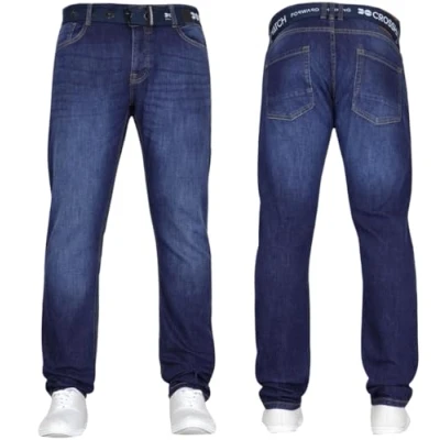 Image of Crosshatch Mens Stretch Slim Fit Jeans Denim Designer Trousers Branded Pants Free Belt by JeanBase Dark Wash 34W X 32L