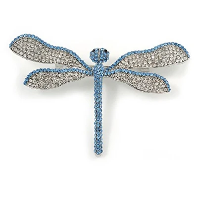 Image of Avalaya Statement Clear/Light Blue Crystal Dragonfly Brooch in Silver Tone Metal 75mm Across