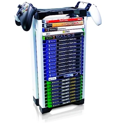 Image of ADZ Universal Game Holder 23 Storage Tower Rack for PS2 PS3 PS4 PS5 PSP Xbox 360 One Series X Wii Switch Games DVD and Blu Ray Disks. Includes 2 Controller Mounts