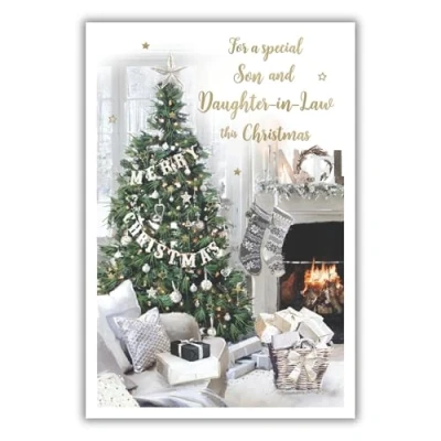 Image of ICG Special Son and Daughter in law Christmas Card Festive Lounge, Decorated Tree Cosy Fireplace with a Foil Finish