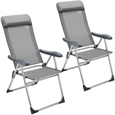 Image of CASARIA® 2x Aluminium High Back Folding Garden Chairs Lightweight 7 Way Adjustable Backrest Armchairs Set Padded Headrest Patio Balcony Camping Outdoor Grey/Grey