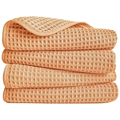 Image of POLYTE Microfibre Lint Free Hand Towel, 40 x 76 cm, 4 Pack (Orange, Waffle Weave)