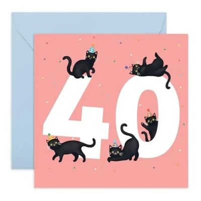 Image of Central 23 40th Birthday Card For Wife Black Cats Age 40 Floral Mum Women Sister Happy Fortieth Greeting Female Friends Comes With Fun Stickers