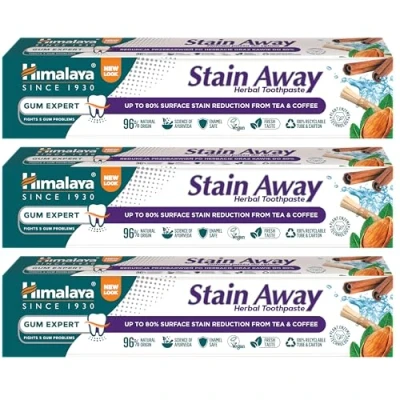 Image of Himalaya Herbals Enamel Friendly Stain Away Toothpaste Protects Enamel, Removes Tea,Coffee Stains and Plague Fights Germs, Multi Action 75ml (Pack of 3)