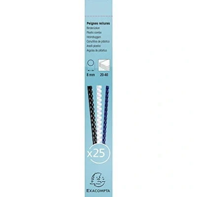 Image of Exacompta Ref 76200E Binding Combs 8mm Thick, 21 Rings, Suitable for A4 Documents, Holds Approx. 20 40 Sheets, Made from PVC Material White (Pack of 25)