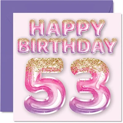 Image of 53rd Birthday Card for Women Pink &amp; Purple Glitter Balloons Happy Cards 53 Year Old Woman Mum Nanny Grandma Gran Auntie, 145mm x Fifty Three Third Bday Greeting Gift