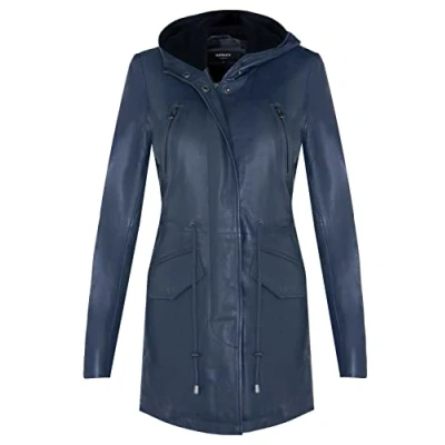 Image of Women&#039;s Navy Leather Hooded Parker Jacket Multi Pocket Trench Coat 2XL