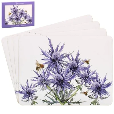 Image of 4pcs Purple Thistles Cork Placemats Bee tanical Floral Series Flower Heat Resist