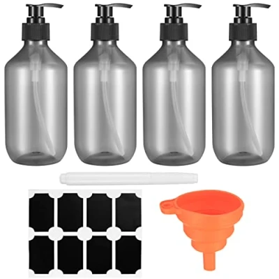 Image of 4 Pcs 300ml Pump Dispenser Bottles, Refillable Empty Soap Lotion Shampoo and Conditioner Liquids with for Bathroom, Funnel Sticker (Transparent black)