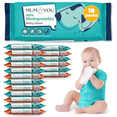 Image of Mum &amp; You baby wipes Multipack 1,008 Biodegradable wet (18 Packs) 99.4% Water for Sensitive Newborn Skin Bulk, Bum Wipes, Tissue, Eco Friendly