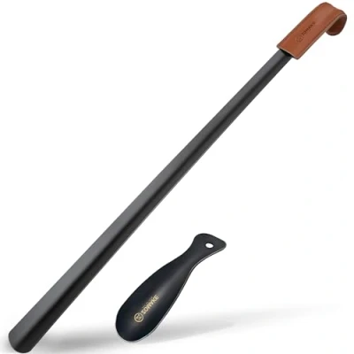 Image of ZOMAKE Metal Shoe Horn 2Pcs 28.5 inches Shoehorn Extra Long Handled Lazy Helper with Leather Handle,Long Horns for Men Women the Elderly,7.5 Shoehorns Hook (28.5&amp;7.5in)