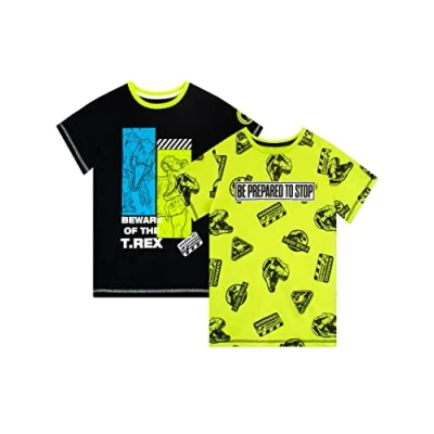 Image of Jurassic World Boys Dinosaur 2 Pack Short Sleeve T Shirts for Kids Multicolour 10 11 Years