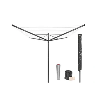 Image of Brabantia Lift O Matic 50 Metres of Clothes Line Adjustable in Height UV Resistant &amp; Non Slip Lining Umbrella System with Ground Spike 45 mm, Cover Peg Bag Anthracite ø 295 cm