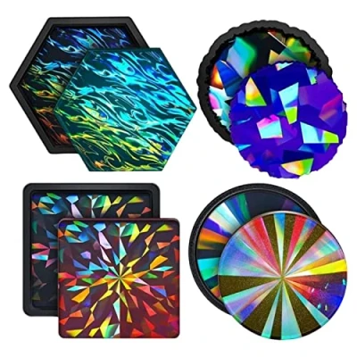 Image of Holographic Resin Coaster Mould 4 Silicone Molds, Hexagon Square Round Epoxy Molds for Drink Coasters Making, Casting, Artwork Home Decoration