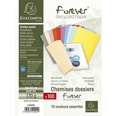 Image of Exacompta Ref 420000E Forever Collection Recycled Square Cut Folder A4 (210 x 297mm), 170gsm Board, Blue Angel Certified Assorted Colours (Pack of 100)
