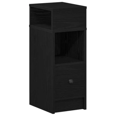 Image of vidaXL bedside cabinet black engineered wood nightstand with drawer and open shelves for bedroom storage, 25x31x66 cm