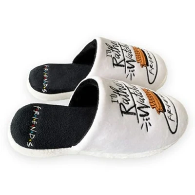 Image of Groovy friends I&#039;d rather be watching quote white womens unisex slippers Size 5 7 UK Ladies indoor shoes