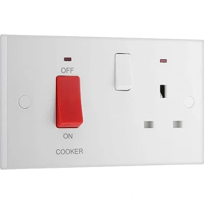 Image of BG Electrical Cooker Switch with Socket and LED, Control Unit, Socket, Double Pole, Square Edges, Nexus 900 Series, White Moulded, Edge, 45A, 970