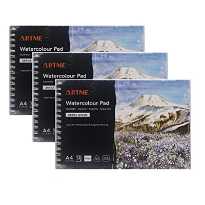 Image of ARTME A4 Watercolour Pad (3 Pack) x 12 Sheets/ 300gsm/ Firmly Textured/Cold Pressed/Cellulose Acid Free/Premium Quality Drawing Sketchbook Aquarelle &amp; Gouache Painting(3