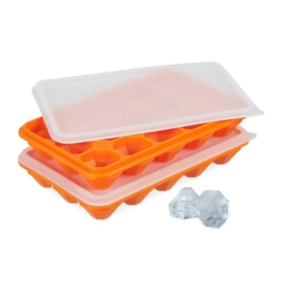 Image of Relaxdays Ice Cube Tray, Set of 2, Reusable, Silicone Mould, 15 Diamond Shapes, Freezer, with Lid, Orange/Transparent, 3 x 20.5 12.5 cm