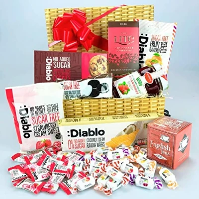 Image of No Added Sugar Gift Box Food Hamper Suitable for Diabetic Diets Sweets, Toffees, Cake, Chocolate Cookies, Jam,
