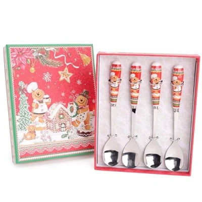 Image of Christmas Concepts® Gingerbread Deluxe Ceramic Tableware Range 4 x 15cm (6&quot;) Cake Spoons with Matching Decorative Gift Box