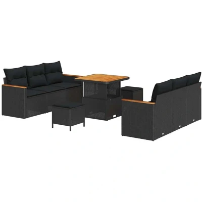 Image of vidaXL 9 Piece Garden Sofa Set with Cushions Black Poly Rattan Acacia