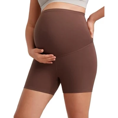 Image of CRZ Yoga Women&#039;s Butterluxe 4&quot; Maternity Shorts Over The Belly Bump Sports Biker Pregnancy Leggings Coffee Brown 16