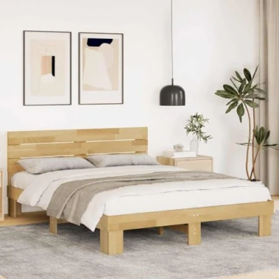 Image of vidaXL Oak Bed Frame with Headboard, Double Size 140x190 cm, Solid Wood, Modern Bedroom Furniture Storage Space