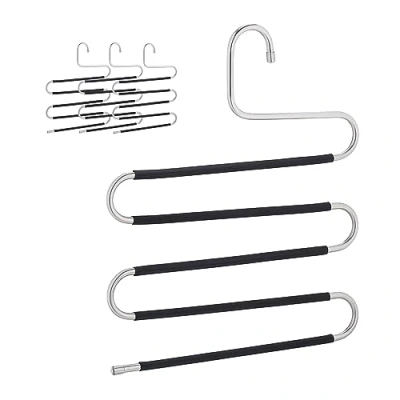 Image of Relaxdays, Set of 4 Multi Trouser Hangers, S Shaped, 5 Rails, Non Slip, Space Saving Pants Holder, Metal, Silver/Black, Stainless steel, 38 x 32.5 1 cm