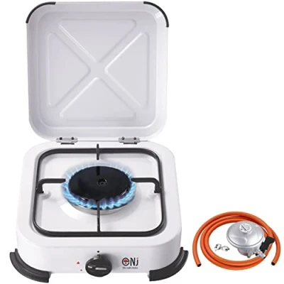 Image of NJ 01 Camping Gas Stove Portable Single Burner Cooker Hob with Lid for Outdoor LPG 2.2 kW (Butane 28mbar Clip on 21mm)