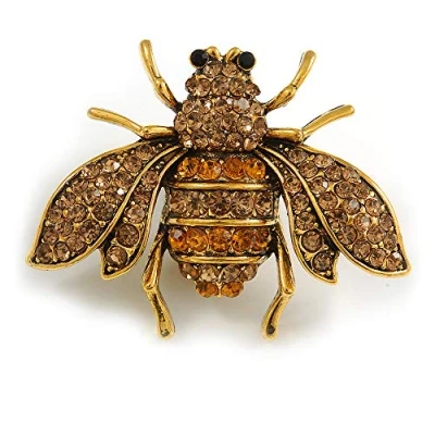 Image of Avalaya Vintage Inspired Champagne/Amber Crystal Bee Brooch in Aged Gold Tone Metal 38mm Across
