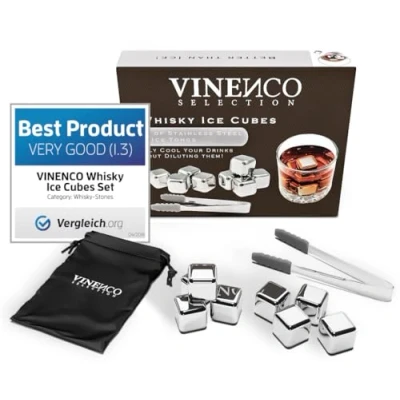 Image of Whiskey Stones Set Reusable Stainless Steel Ice Cubes + Tong Bag Premium Cooling Rocks Gift Kit: Chilling Cocktails &amp; all Drinks, Cognac Scotch Bourbon Whisky Birthday Idea Bar Party Men Women