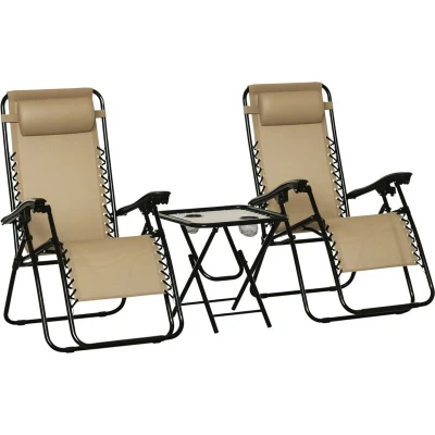 Image of Outsunny 3pcs Folding Zero Gravity Chairs Sun Lounger Table Set w/Cup Holders Reclining Garden Yard Pool, Beige