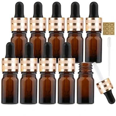 Image of Alledomain 10Pcs, 10Ml Amber Glass Bottles with Dropper Pipettes, Mini Empty Bottle Frosted Gold Aluminum Alloy Cap Refillable Sample Container for Essential Oils/Massage Oil/Chemical Liquid