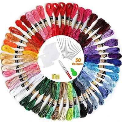 Image of Embroidery Thread, elloLife Random Colors Cotton Floss Friendship Bracelets Making Kits with 12 Pieces Bobbins Organizer for Beginners Adults Knitting Cross Stitch Project (50 Skeins)