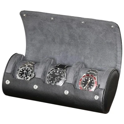 Image of ROTHWELL Watch Roll Travel Case for 3 Watches Tough Portable Protection, Fits All Wrist &amp; Smart Up to 50mm (Black/Grey)