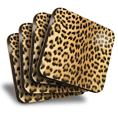 Image of Destination Vinyl ltd Great Coasters (Set of 4) Square Wild Animal Leopard Cat Fur Print Drink Glossy Coasters/Tabletop Protection for Any Table Type #46429