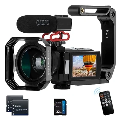 Image of ORDRO Camcorder Full HD 1080P 30FPS 24MP 3.0 Inch IPS Touchscreen IR Night Vision Video Camera with Microphone, Wide Angle Lens and Holder