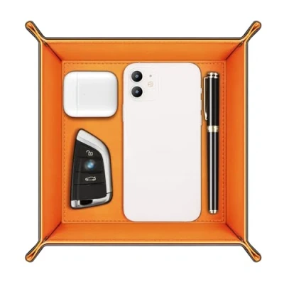 Image of SITHON Valet Tray Desktop Storage Organiser Premium PU Leather Catchall Bedside Vanity Nightstand Caddy Holder for Remote Controller, Keys, Phone, Wallet, Coin, Jewelry, (Black/Orange)